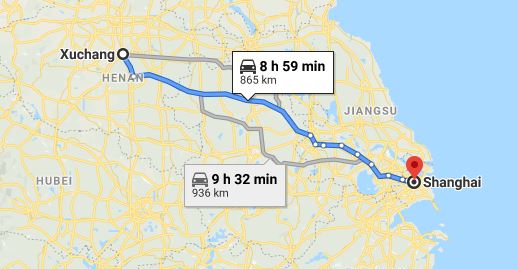 Route map from Xuchang to the Vietnamese Consulate in Shanghai