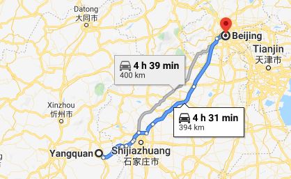 Route map from Yangquan to the Vietnamese Embassy in Beijing