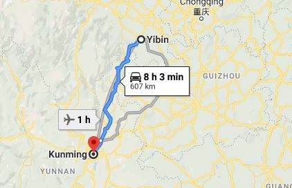 Route map from Yibin to the Vietnamese Consulate in Kunming