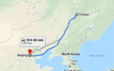 Route map from Yichun to the Vietnamese Embassy in Beijing