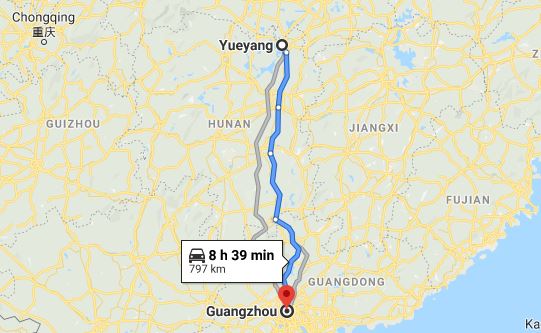 Route map from Yueyang to the Consulate of Vietnam in Guangzhou
