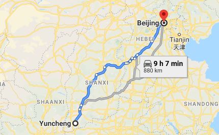 Route map from Yuncheng to the Vietnamese Embassy in Beijing