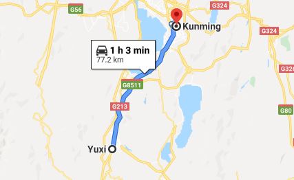 Route map from Yuxi to the Vietnamese Consulate in Kunming