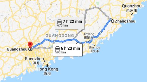 Route map from Zhangzhou to the Consulate of Vietnam in Guangzhou