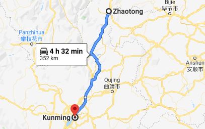 Route map from Zhaotong to the Vietnamese Consulate in Kunming