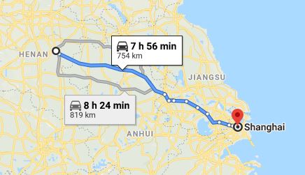 Route map from Zhoukou to the Vietnamese Consulate in Shanghai