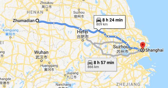 Route map from Zhumadian to the Vietnamese Consulate in Shanghai
