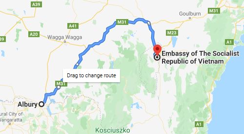 Route map from Albury to the Embassy of Vietnam in Canberra