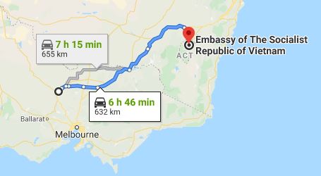 Route map from Bendigo to the Embassy of Vietnam in Canberra
