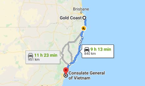Route map from Gold Coast to the Consulate of Vietnam in Sydney