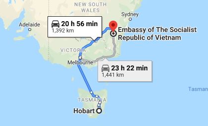 Route map from Hobart to the Embassy of Vietnam in Canberra